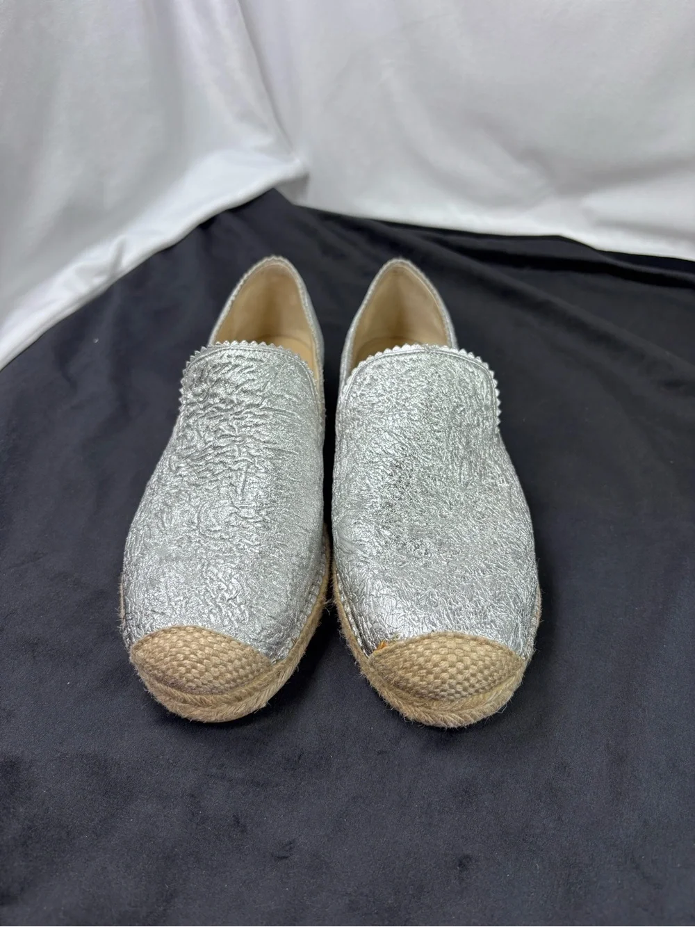Stuart Weitzman Metallic Silver Leather Espadrille Flats | Size 8 Made in Spain